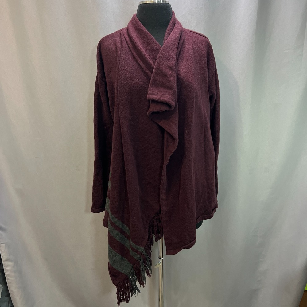 Cabi Port Fringe Wrap Cardigan Sweater Womens Medium Burgundy Cotton Long Sleeve